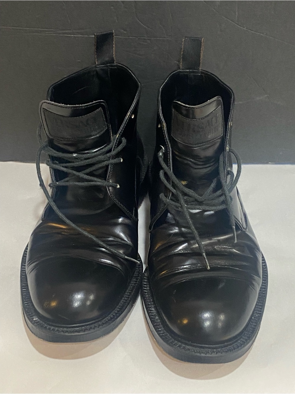 Men’s Black patent leather Versace Jeans Couture combat boots Sz  41 1/2